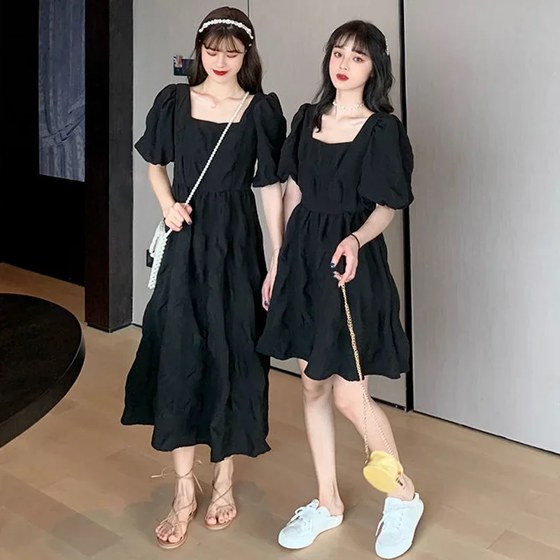 

Dresses Women Summer Korean Style New Friends French Femme Square Collar Short Sleeve Folds Sweet Harajuku Fashion Female Solid
