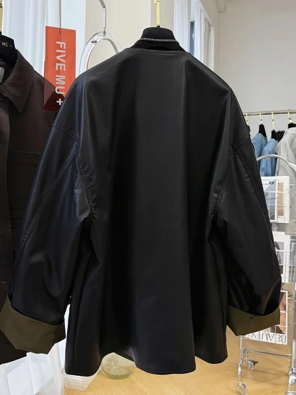 特大サイズ 300 ポウ レディース リバーシブル レザー ジャケット ルーズ PU レザーコート シック 韓国風 ゆったり 秋 ファッション