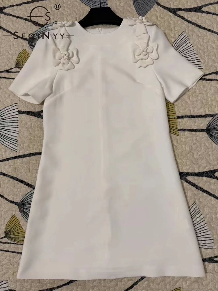 

SEQINYY Elegant Mini Dress Short Sleeve Summer Spring New Fashion Design Women Runway Appliques Flower Casual Office Lady