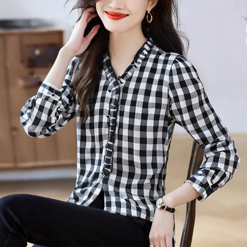 

Новая осенняя женская рубашка с длинными рукавами и v-образным вырезом, модные повседневные клетчатые офисные женские шифоновые блузки