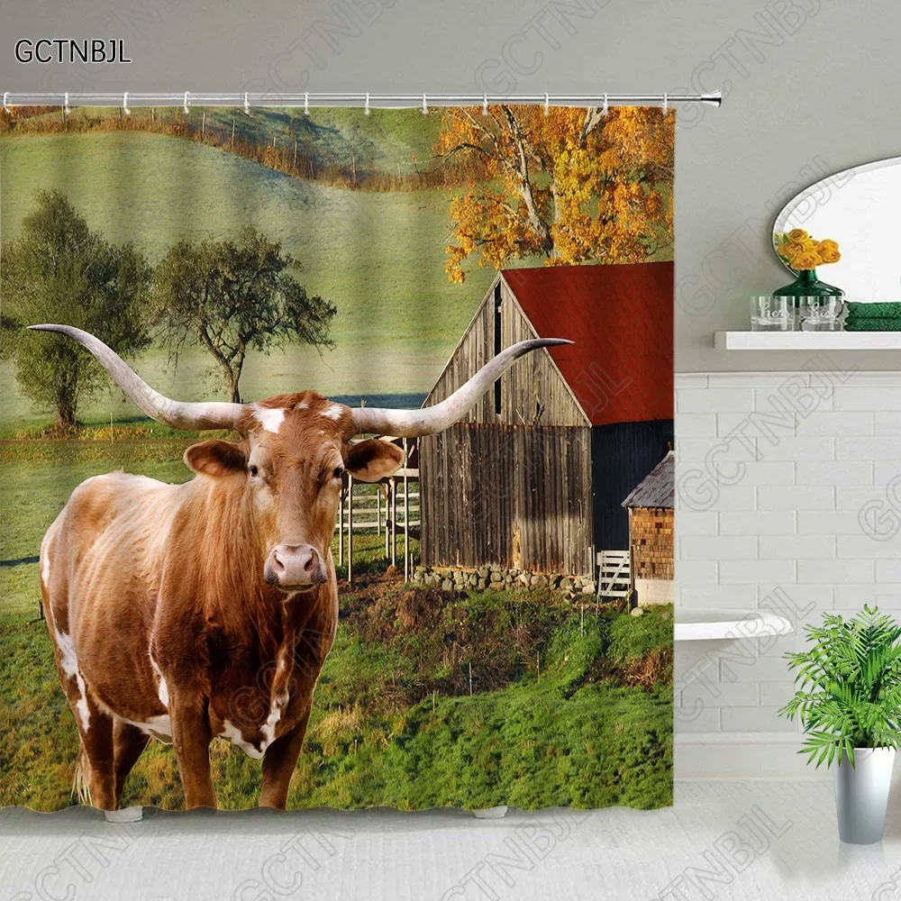 Farm Cow Shower Curtains Rural Windmill Farmhouse Red Wooden House Hanging Curtains Bathroom Accessories Cloth Bathroom Curtain