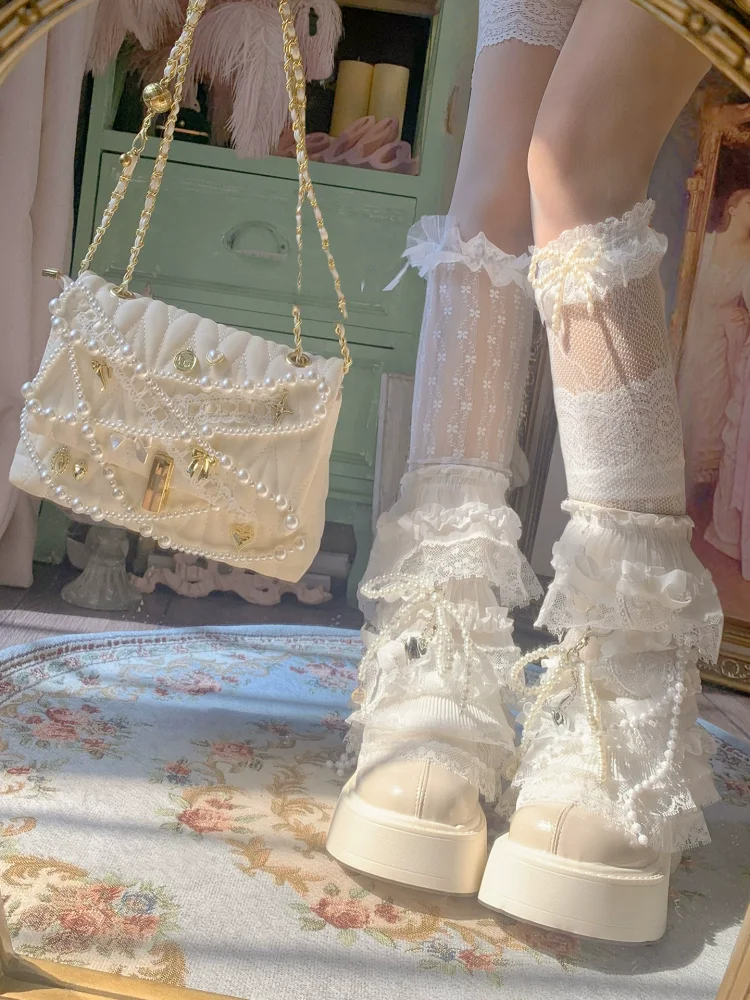 Pinkyo original pearl bow ribbon chain hand-held square bag, sweet and elegant princess style single shoulder diagonal cross bag