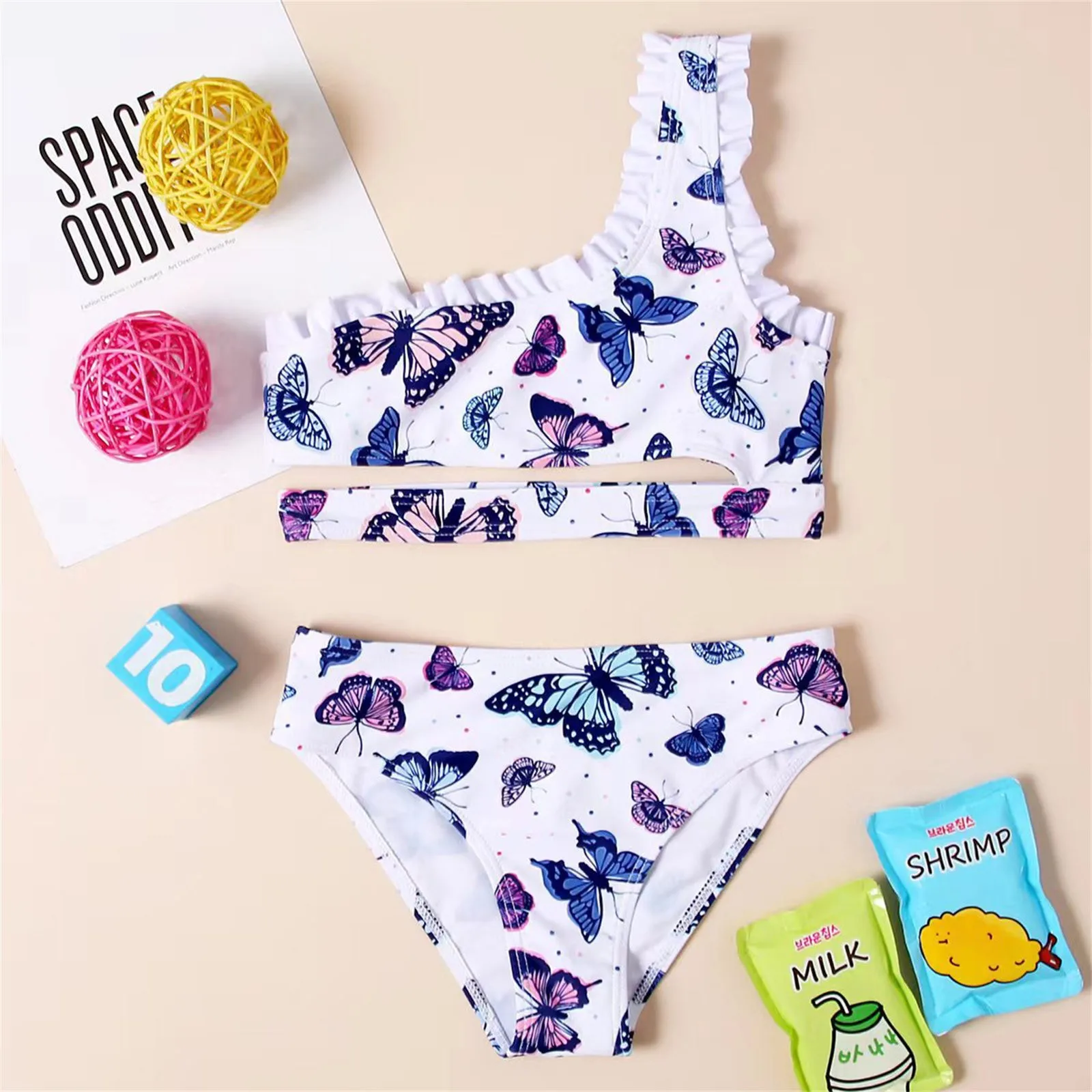 Girls Butterfly Print Cute Swimsuit Bikini 2 Piece Set Swimwear Infant Outfits Girls Swimwear Girls Frill Trim Swimsuit Beach