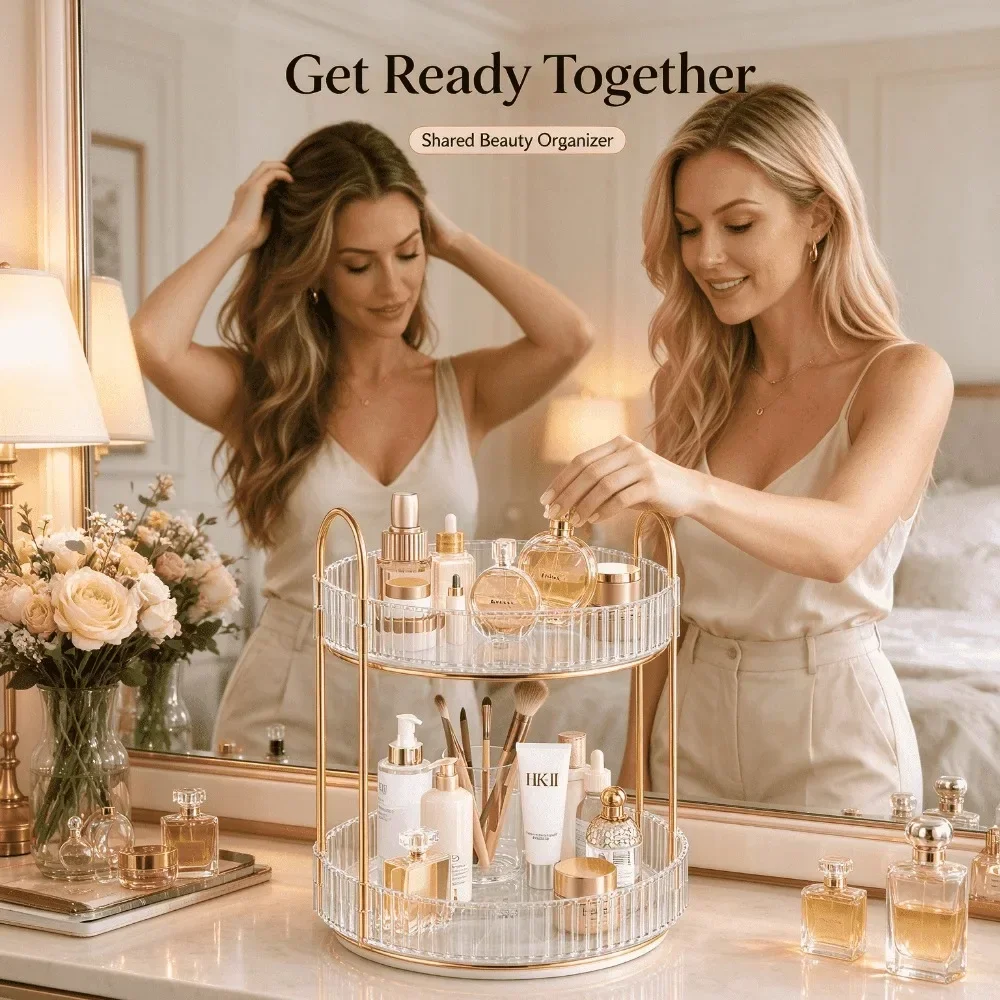 2 Tier 360 Degree Rotating Makeup Organizer Large Capacity Clear Acrylic Perfume Skincare Cosmetics Storage Rack for Vanity Countertop Bathroom Dresser,Spinning Lazy Susan Beauty Organizer Display Stand with Gold Frame,Gift for Women Girls gallery 6
