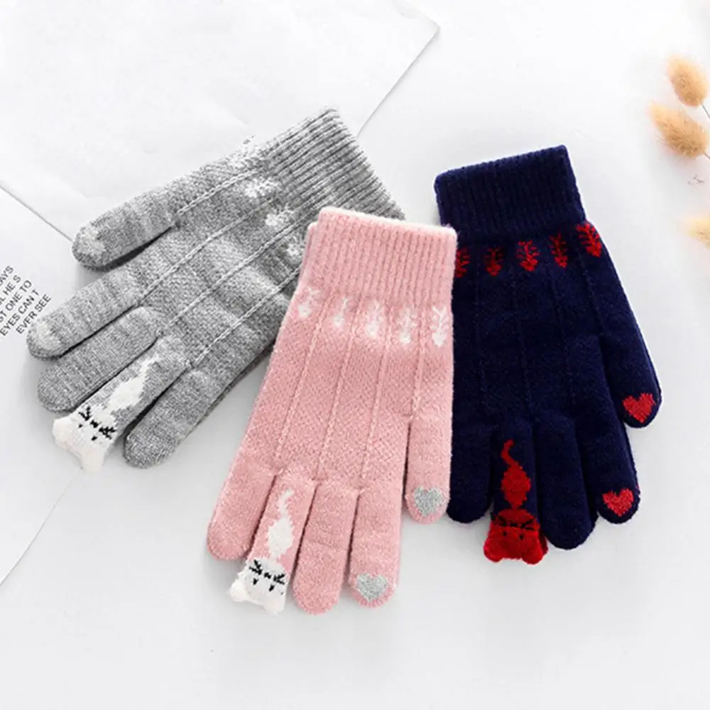 Falso cashmere feminino luvas de inverno tela sensível ao toque térmica à prova de vento luvas quentes dos desenhos animados gatos luvas dedo cheio luvas de malha