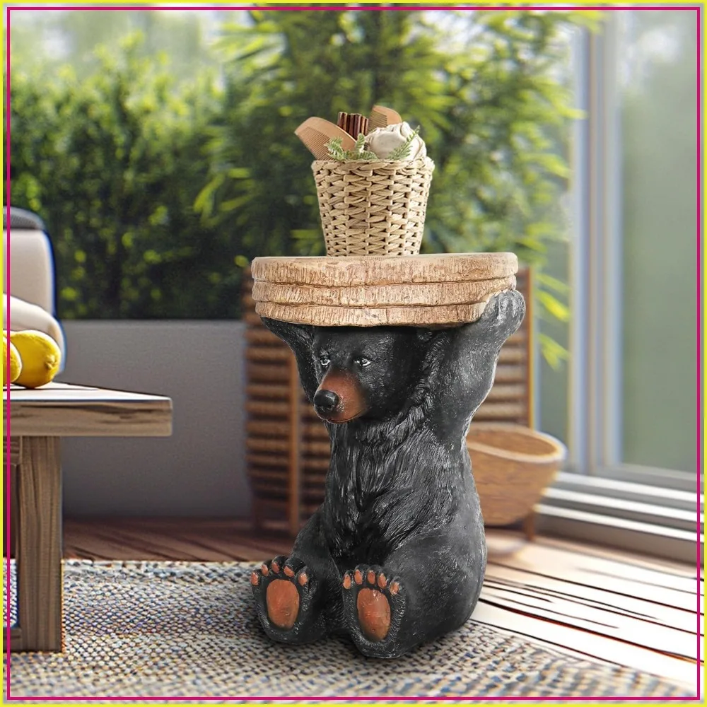 Rustic Bear Side Table 20.8in Wood Stump Tray Patio Decor