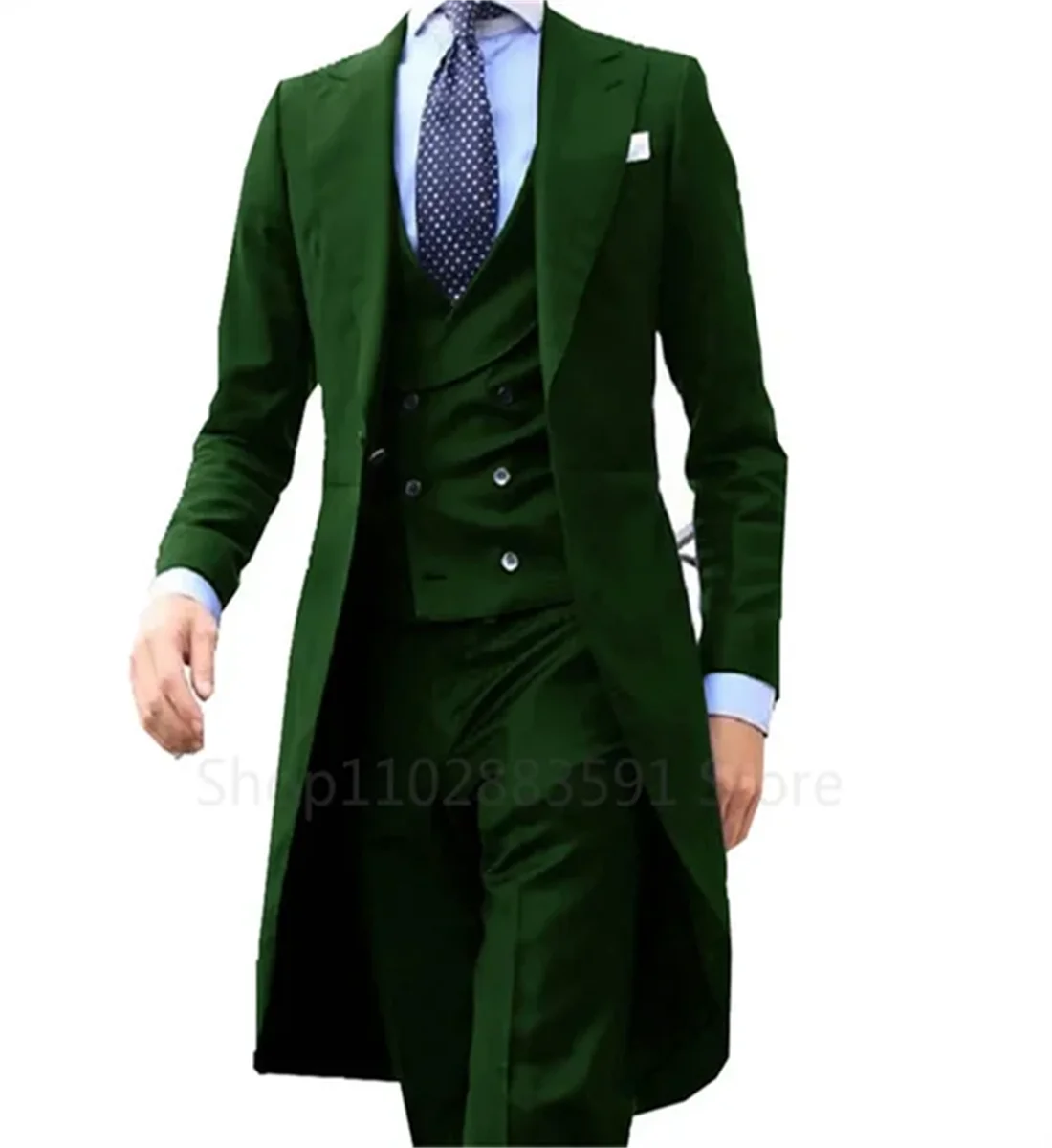 3 Pieces Green Long Tail Blazer Gentleman Male Suit Men\'s Fashion Groom Tuxedo for Wedding Prom Jacket Vest with Pants