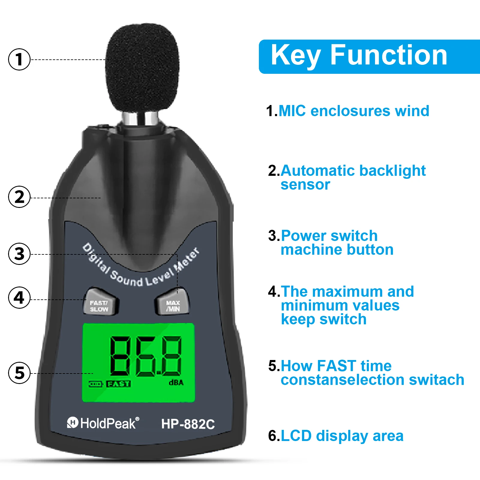 HP-882C Miniatuur geluidsmeter, Digitale Geluidsniveaumeter 30-130dB Geluidsmeter Geluidsmeetinstrument Tester Decibel Monitor