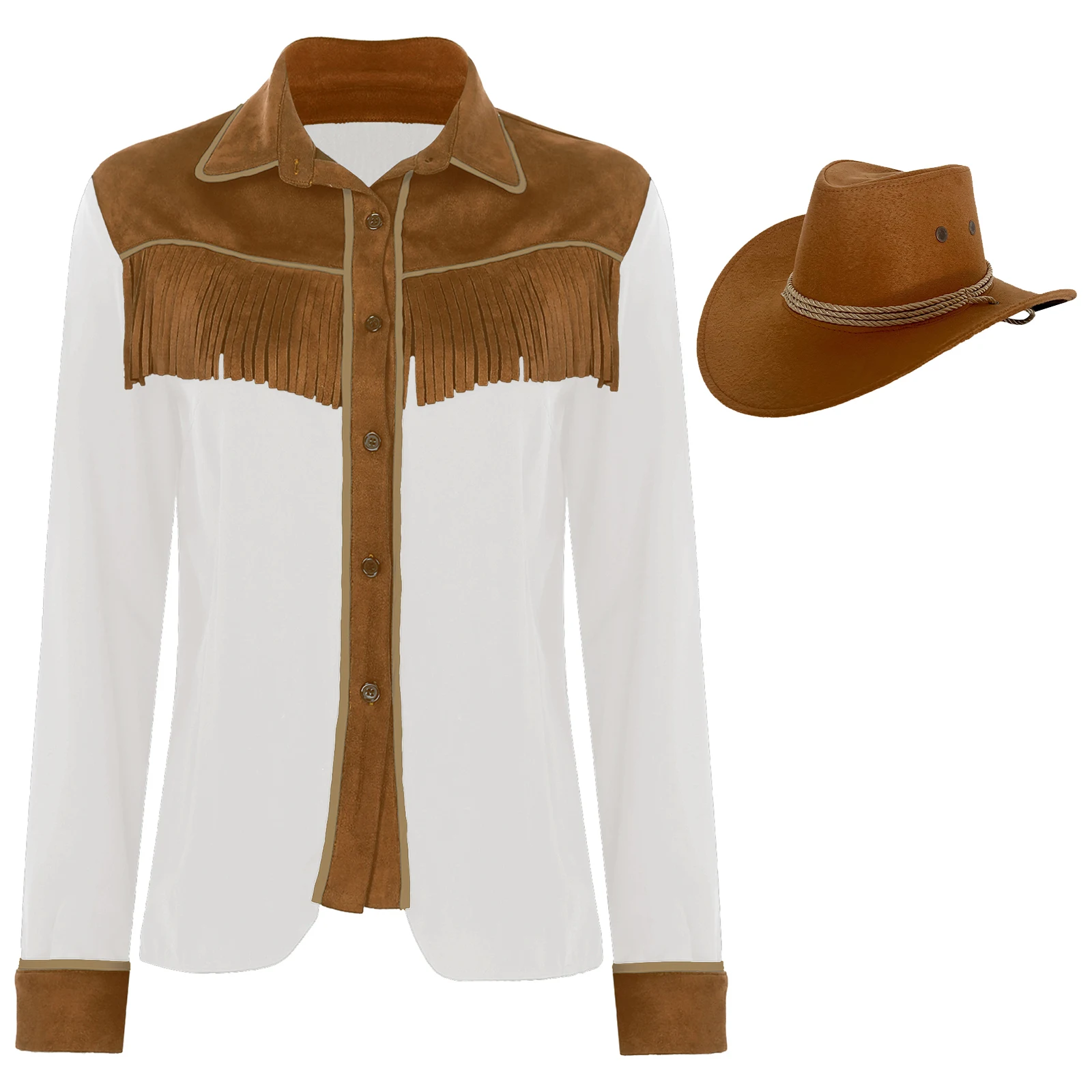 Womens Faux Suede Tassel Color Block Shirts with Cowboy Hat Turn-Down Collar Long Sleeve Buttons Fringed Blouse for Theme Party