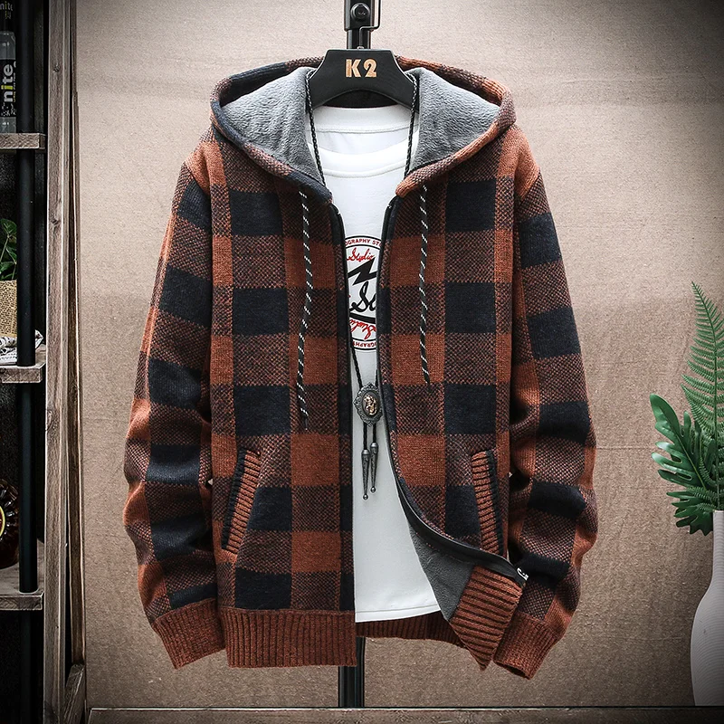 Autumn Winter Vintage Knitwear 2024 Luxury Knitted Cardigan Sweater Men Long Sleeve Casual Streetwear Hooded Lattice Coat