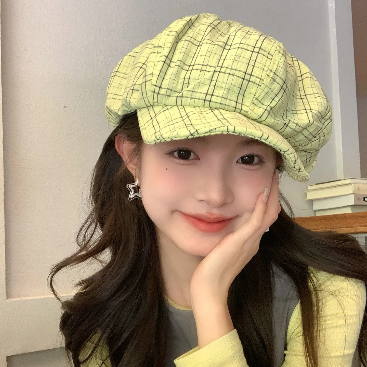 Plaid Newsboy Cap Women Vintage Soft Street Snap Baker Boy Hat Casual Travel Dating Octagonal Beret with Brim Daily Wear Outdoor