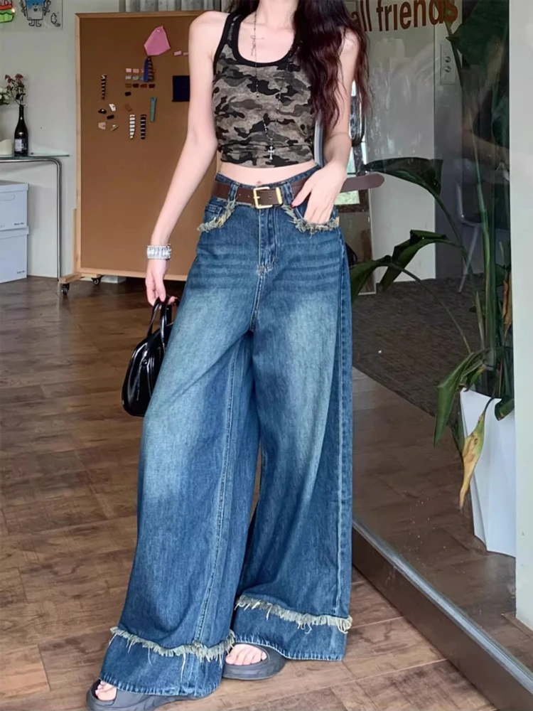 American style retro fringed jeans women's spring and autumn new loose high waisted straight leg wide leg floor length pants
