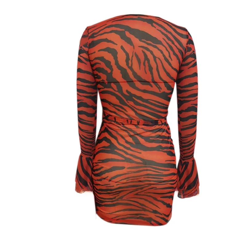 セクシーなプリント V ネック長袖ミニドレス女性のファッショナブルなメッシュ花柄ハイウエストベルスリーブ通勤スタイルドレス