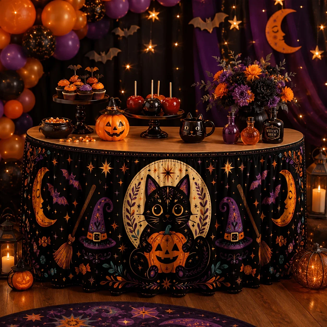1 piece of tablecloth table skirt, folk Halloween style, featuring black cat, pumpkin, witch hat, yzb