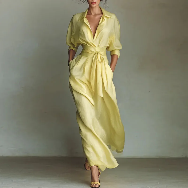 Bohemian Elegant Lace-up High Waist Long Dress Woman New Turn-down Collar Hollow Party Dress Spring 3/4 Sleeve Pocket Maxi Dress - Image 4