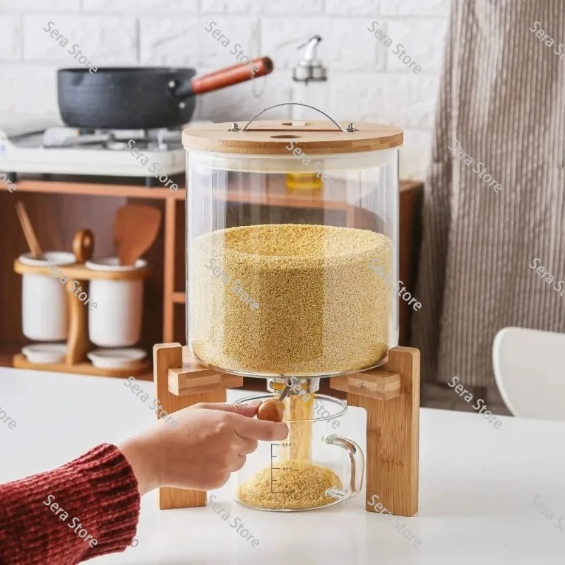 Bamboo Grain Dispenser Rice Dried Food Dispenser Glass Container with Cover Wooden Food Rice Kitchen Storage Container