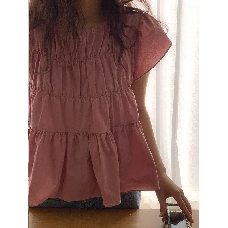 Korean Chic Pleated Shirts & Blouses Short Sleeve Blusas Loose Camisas New Sweet Fashion Ropa Mujer 2024 Summer Tops