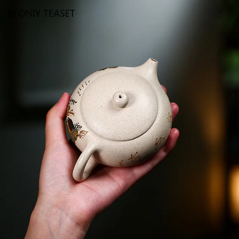 150ml Chinese Yixing Purple Clay Teapot Hand Painted Flat Xishi Filter Tea Pot Raw Ore White Mud Tea Maker Zisha Teaware