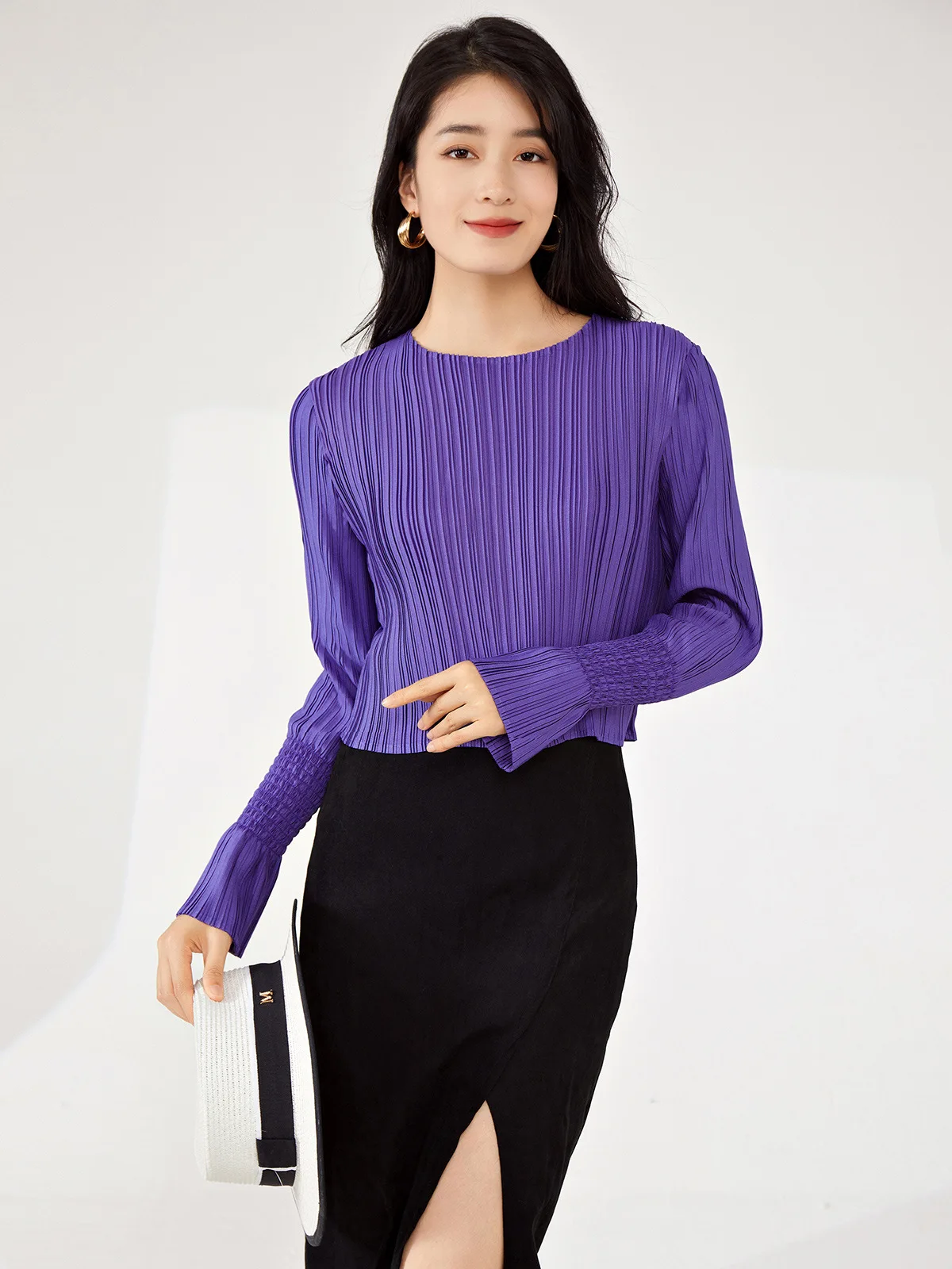 Versatile Solid Color Pleated Tops For Women Round Neck Long Sleeves T-shirt Casual 2024 Spring New Clothing Office Lady Shirt T