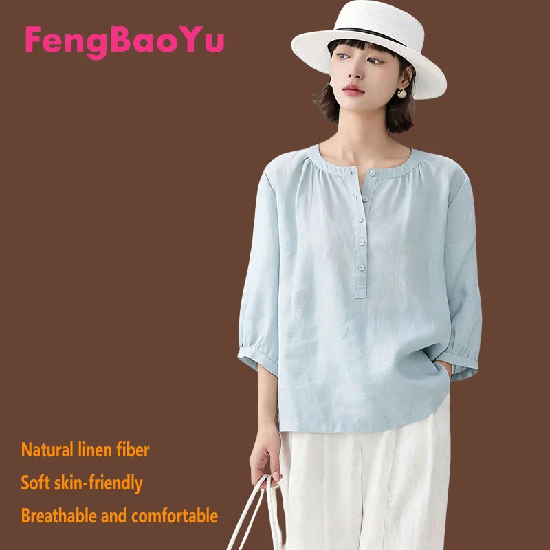 

Женская рубашка Fengbaoyu из 100% натурального льна – летний и весенний повседневный топ с коротким рукавом – комфортный, прохладный, дышащий