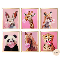 Print Painting, 6-Pack Whimsy Woodland Frameless Posters, Playful Animals with Bubble Gum, Tiger, Rabbit, Deer Wall Art, 20.3