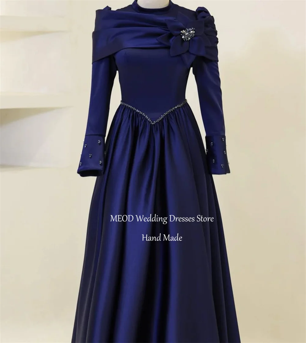 

MEOD Satin Navy Blue Evening Dresses Crystal O Neck A Line Women's Wedding Party Attire Flower Elegant Prom Gown Customized