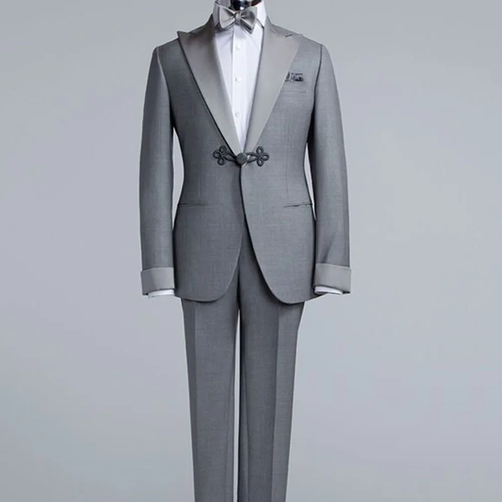 

Luxury Gray Suits for Men Single Button Two Pieces Jacket Pants Male Clothing Smart Wedding Business Banquet Blazers Sets