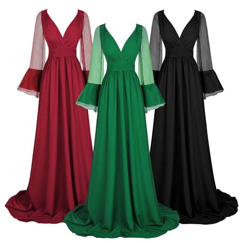Robe de soirée élégante de style médiéval et renaisse, idéale pour les fêtes, pour femmes, à porter en été, avec un décolleté en V séduisant, de longueur maxi et à manches longues en forme de cloche.