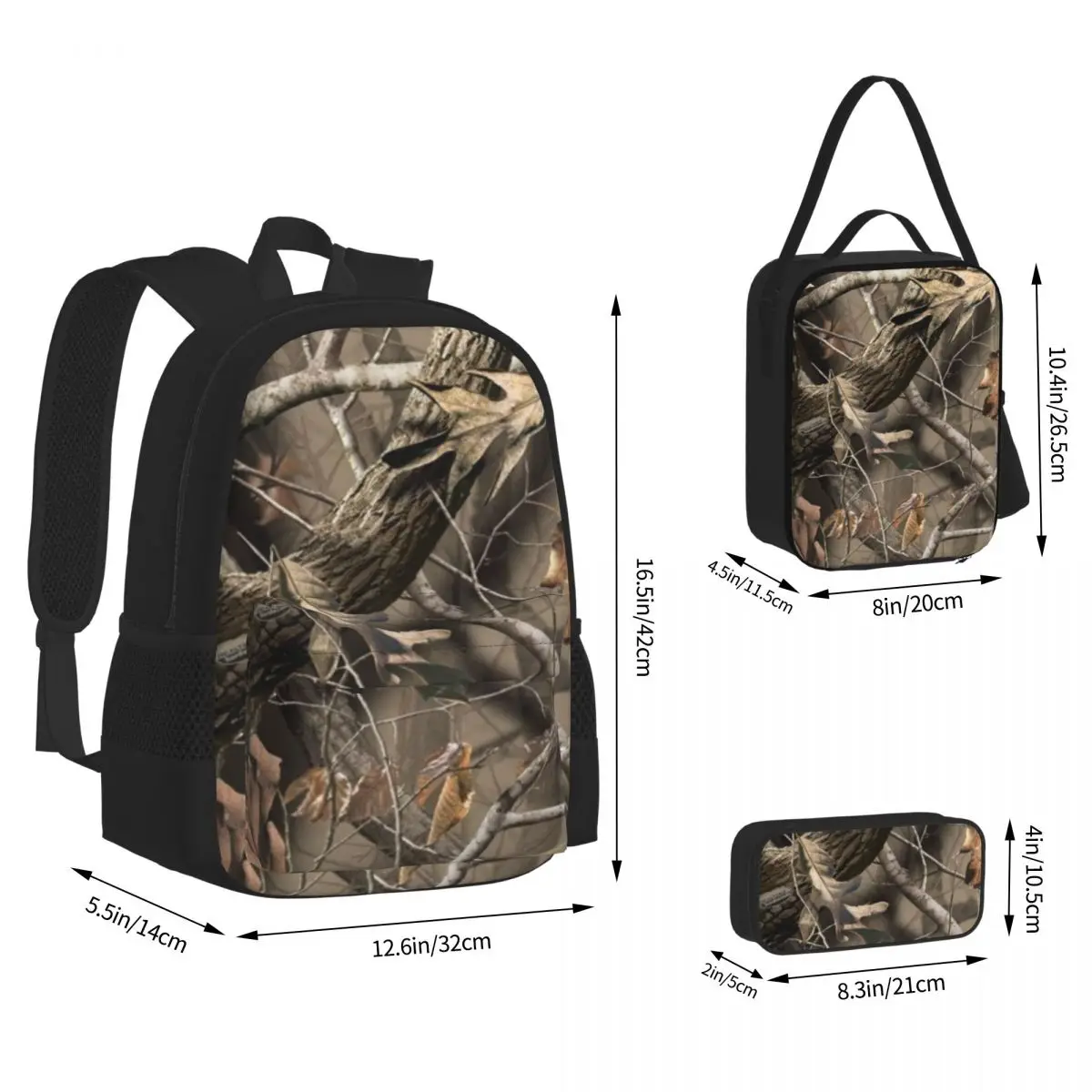 Real Tree Camouflage Backpacks Boys Girls Bookbag Students School Bags Cartoon Kids Rucksack Lunch Bag Pen Bag Three-Piece Set