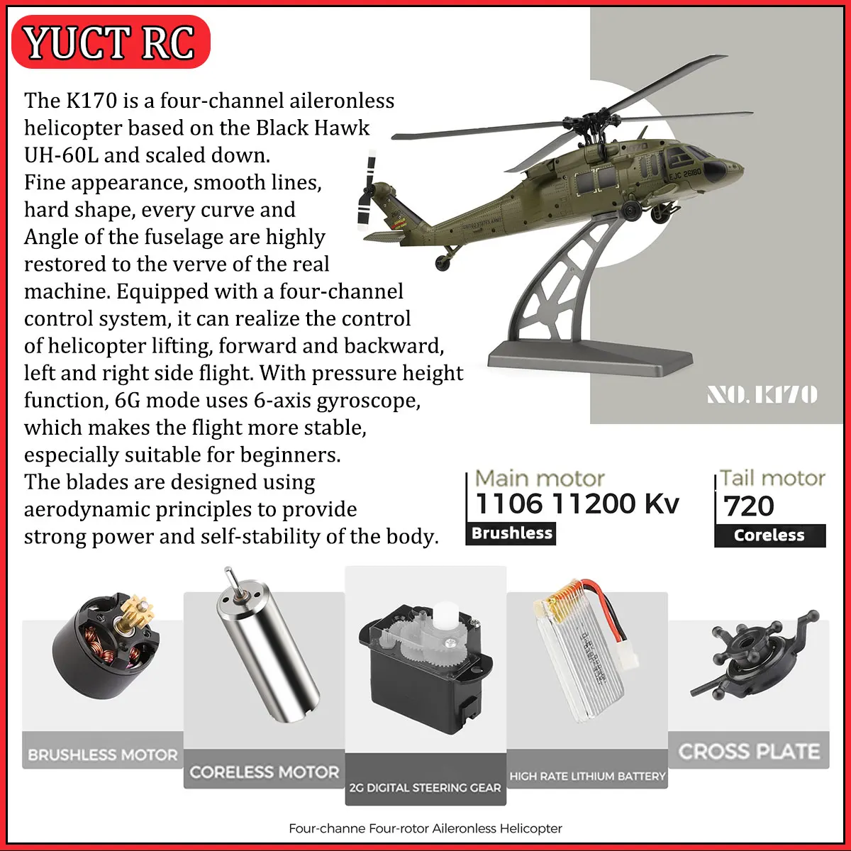 WLtoys XK K170 Black Hawk 2.4GHz 4CH RC Helicopter 6Axis Gyro Optical Flow One Key RTF 4-Blade Brushless Flybarless Toy for Kids