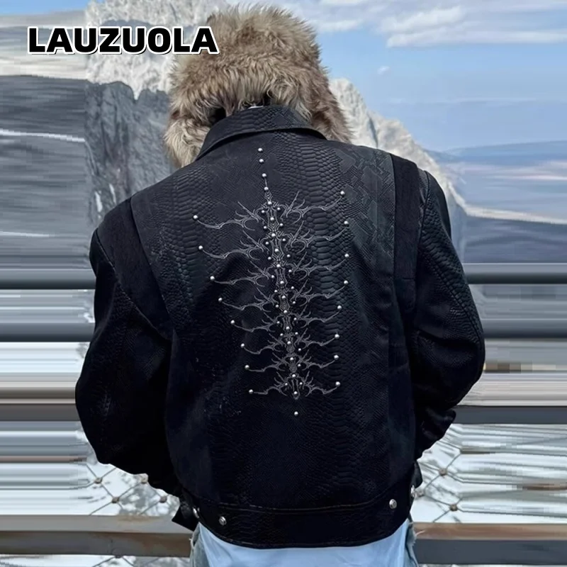 Men Black Snake Embossed Jacket Back Spine Embroidery Rivet Decor Coat Darkwear Gothic Streetwear Oversized Moto Outerwear