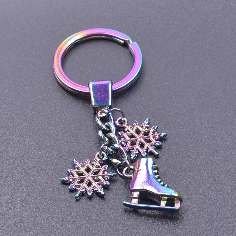 Punk Rainbow Figure Skating Snowflake Keychain for Jewelry Accessories Metal Keyrings Bag Car Key Alloy Pendant Trendy Trinket