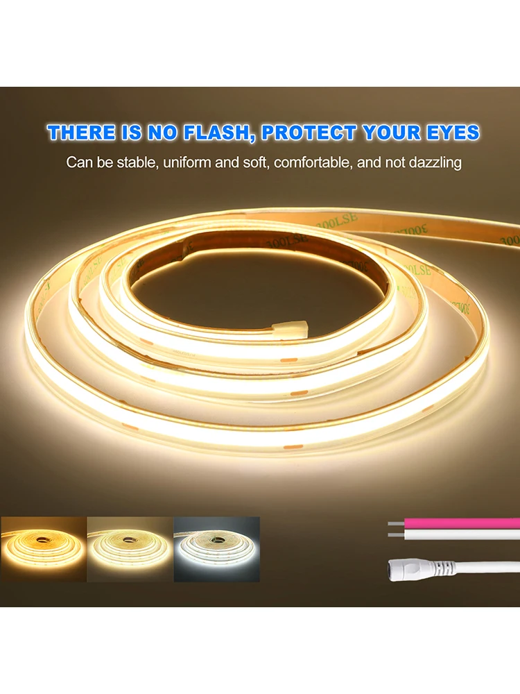 Bande LED COB étanche 5M 10M 12V 24V avec prise DC/câble 2 broches RA90 480 LED/m, ruban flexible haute luminosité 3000K 4000K 6000K