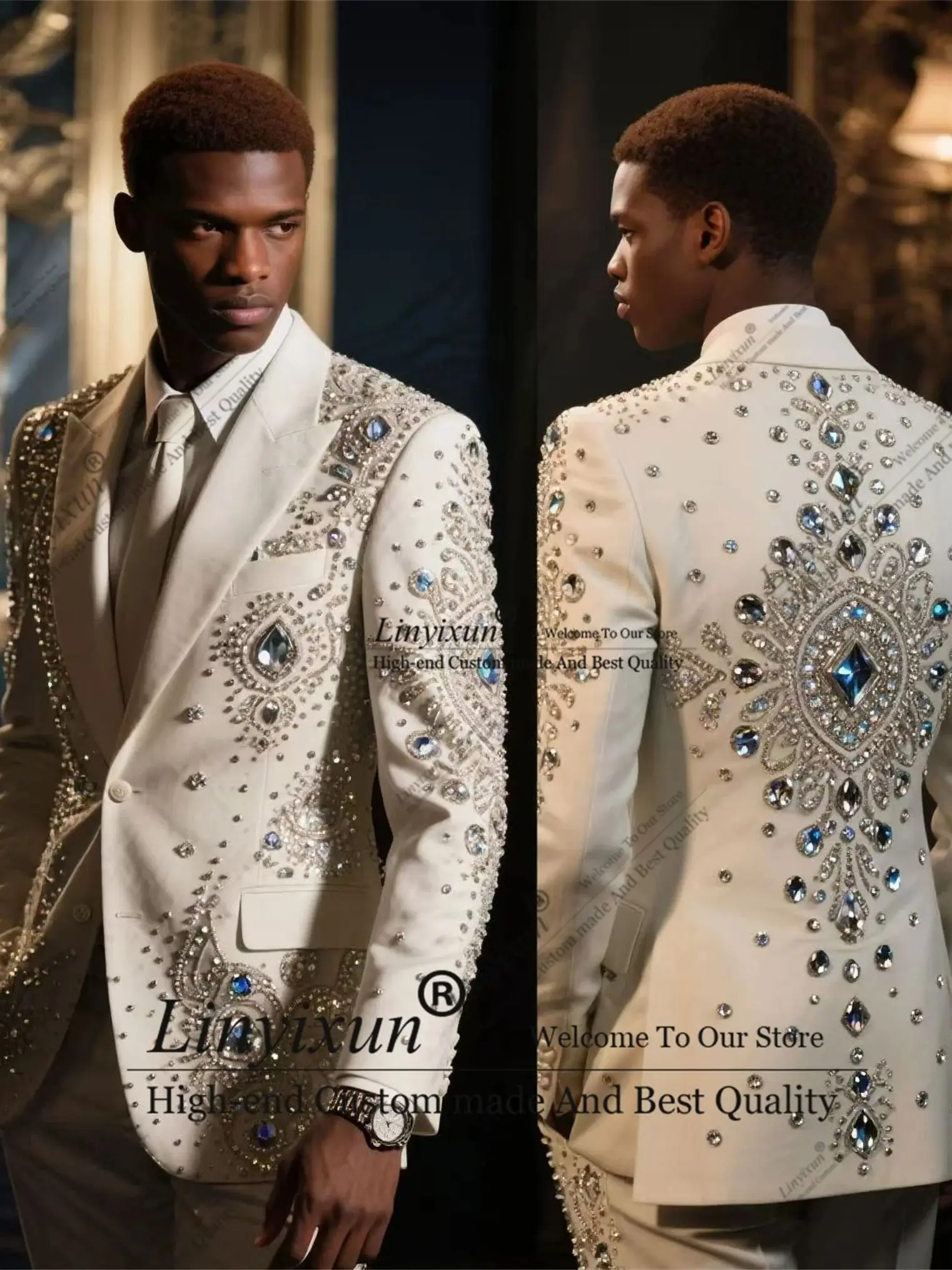 

Роскошные мужские костюмы, свадебные смокинги по индивидуальному заказу, потрясающие украшения из бисера, комплект из 3 предметов, мужские пиджаки для жениха, тонкий костюм для вечеринки Homme