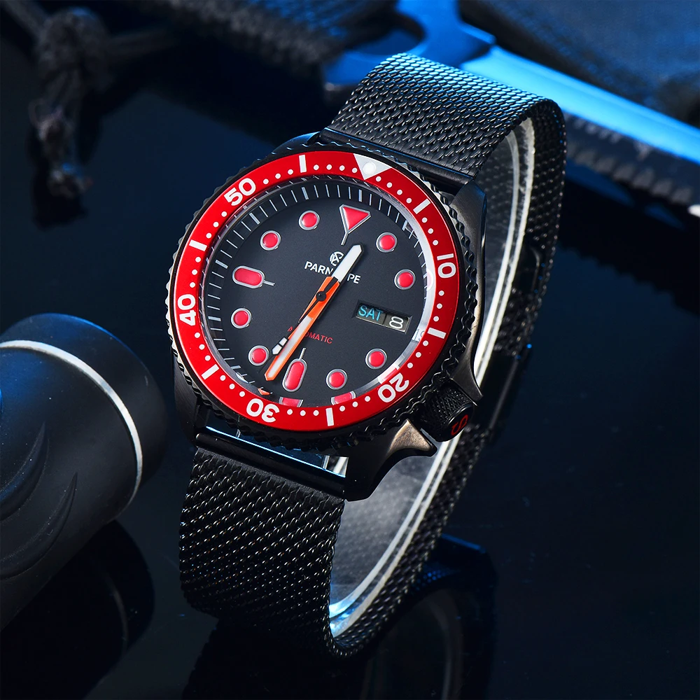 PARNSRPE Stealth Man Watch NH36 Mechanical Automatic Black Diver Watch for Men PVD Case Stealth calendar mechanical wristwatch