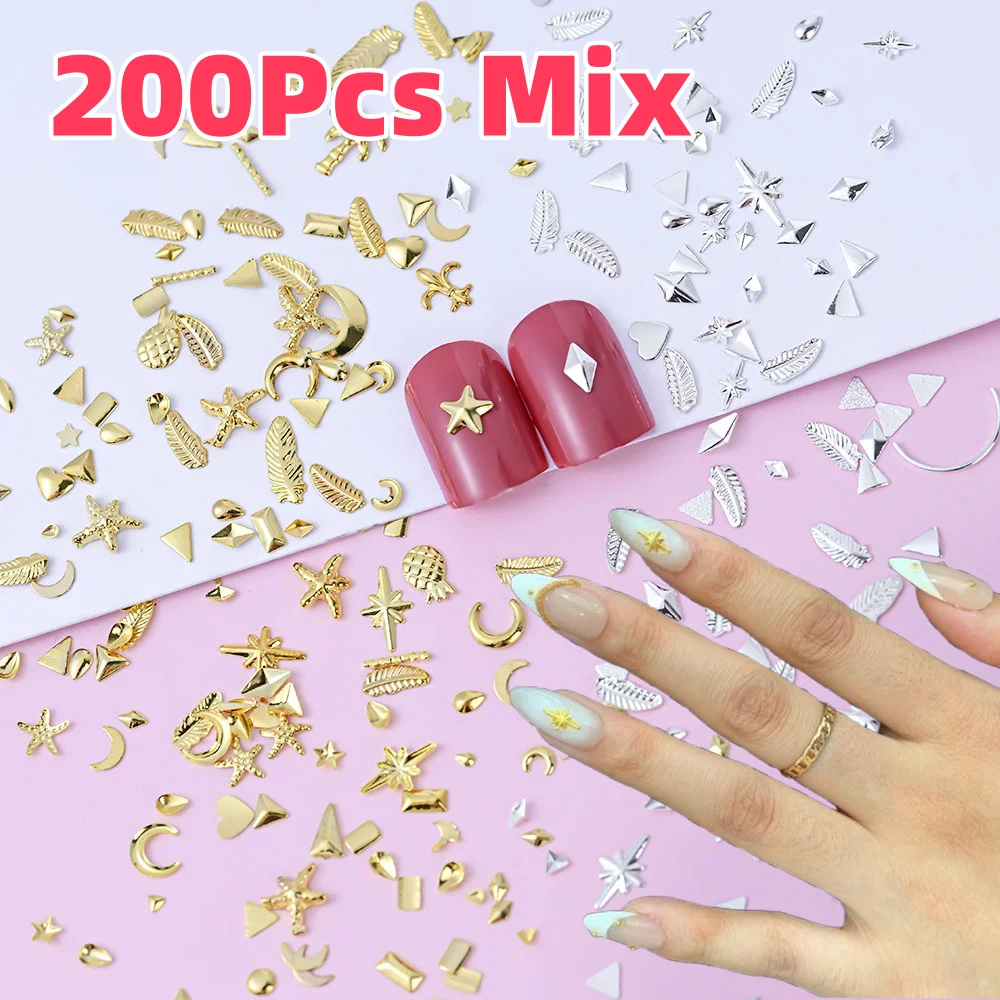 

200Pcs 3D Gold/Silver Mixed Star/Moon Nail Art Charms Metal Cross/Love/Geometry Nails Decorations Y2K Luxury Manicure Accessorie