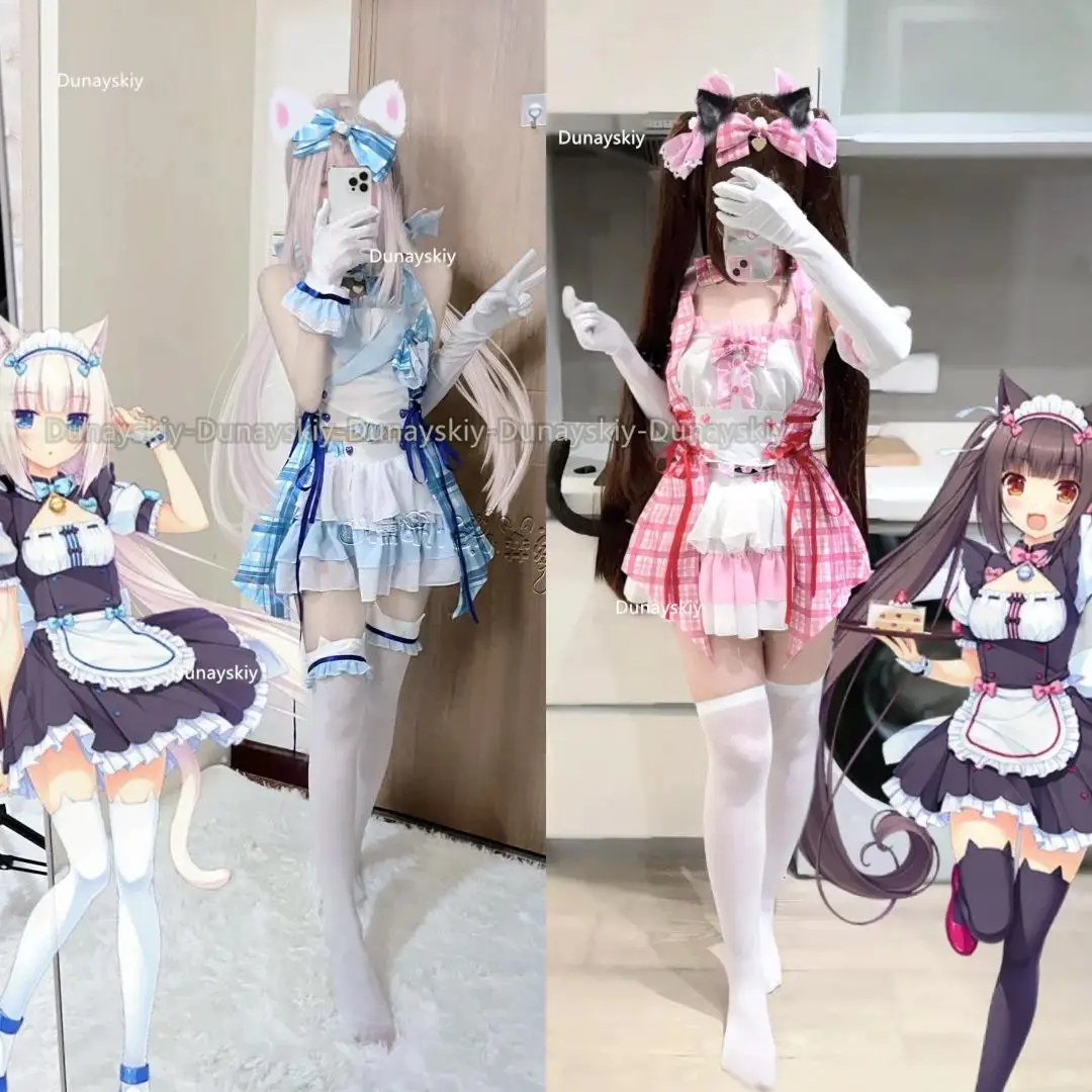 Anime gra Nekopara Vanilla Chocola przebranie na karnawał Nekomimi raj peruka drukowanie strój pokojówki kobieta seksowny Kawaii karnawałowy garnitur