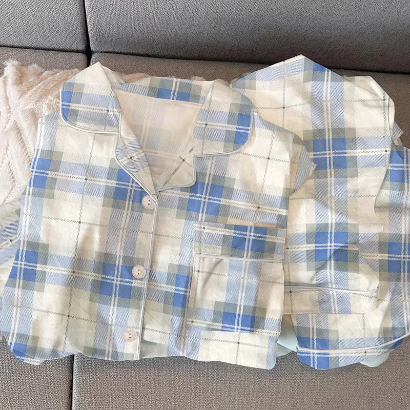 Women Pajamas Set Blue Plaid Literary Lazy Autumn Winter Elegant Harajuku Chic Sleepwear 2024 New Long Sleeve Milk Silk Home Set