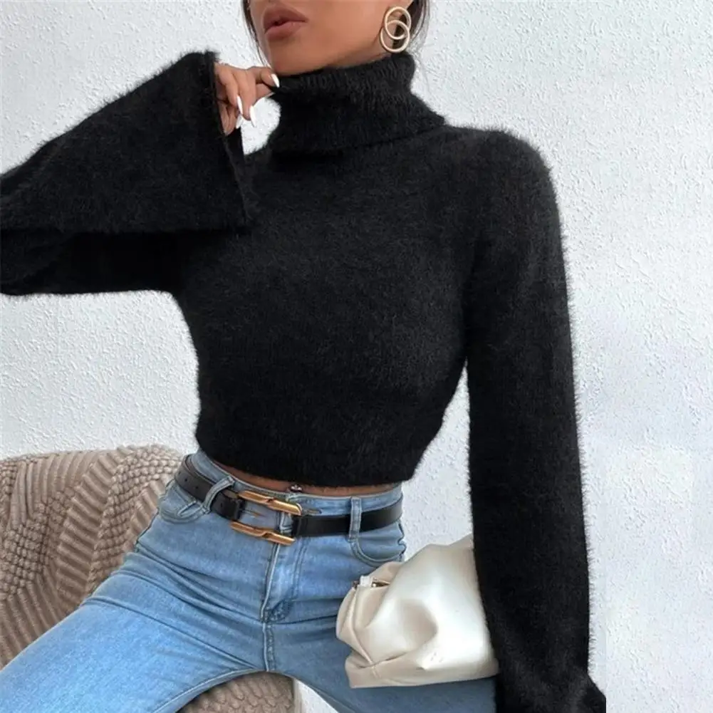 Women Cropped Sweater High Collar Flared Long Sleeve Pullover Solid Color Slim Fit Casual Tops Exposed Navel Knitwear Свитер 스웨터