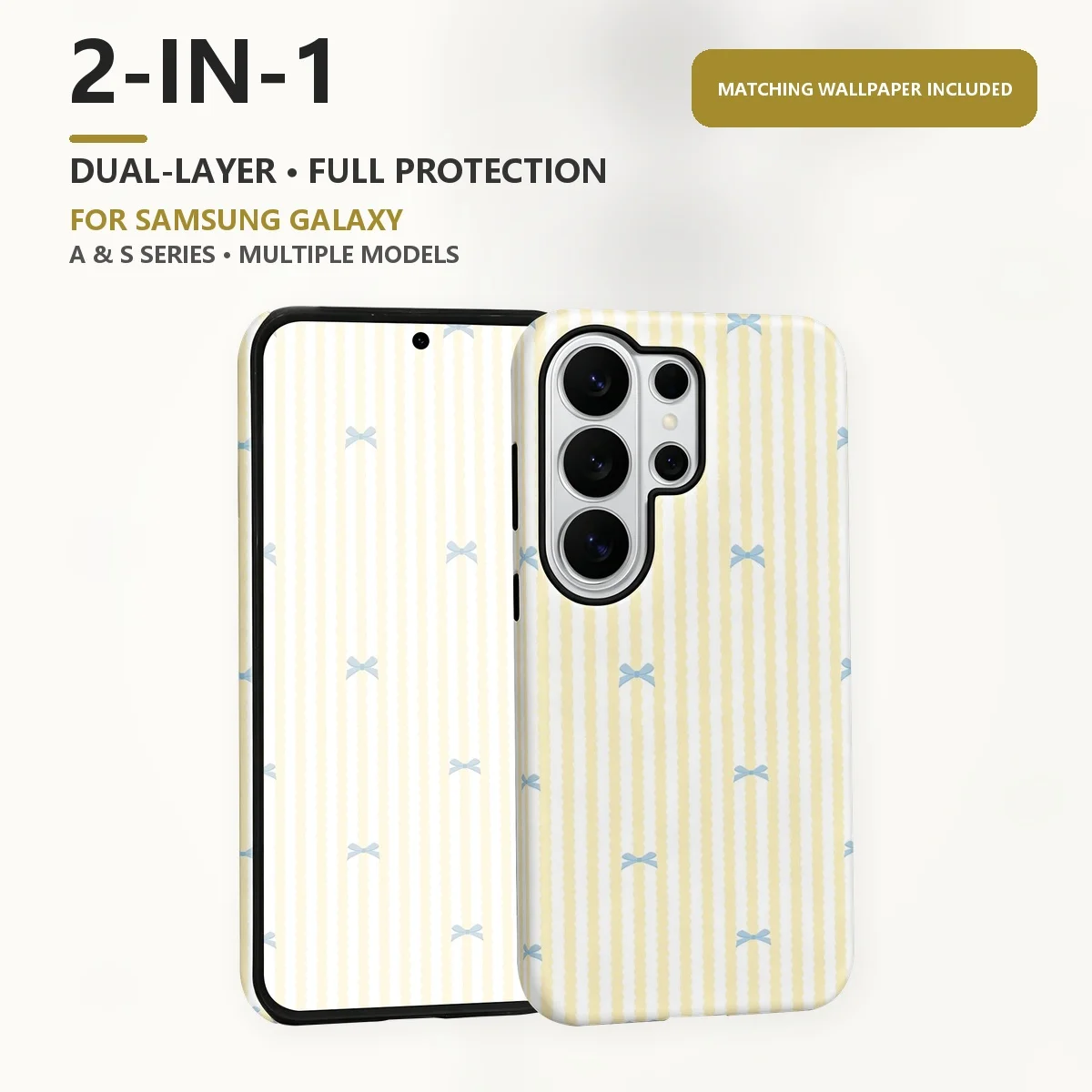 Blue Bow Yellow Stripes 2-in-1 Dual-Layer Phone Case for Samsung Galaxy S26 S25 S24 Plus Ultra FE S20 FE A56 A17 A16 A15