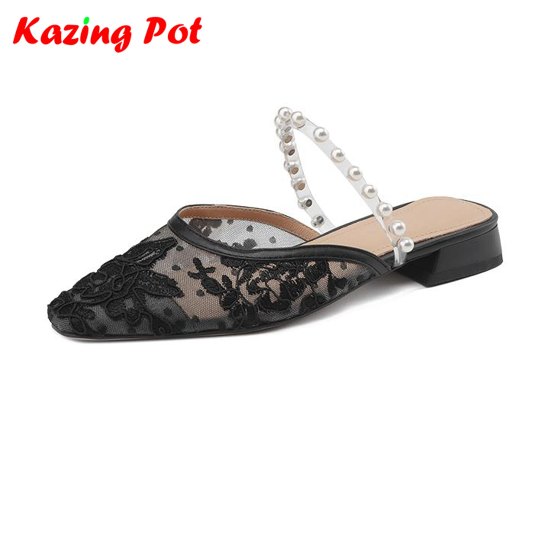 Krazing Pot New Natural Leather Mules Summer Shoes Slip On Square Toe Women Air Mesh Lace Pearl-studded Fashion Outside Slippers