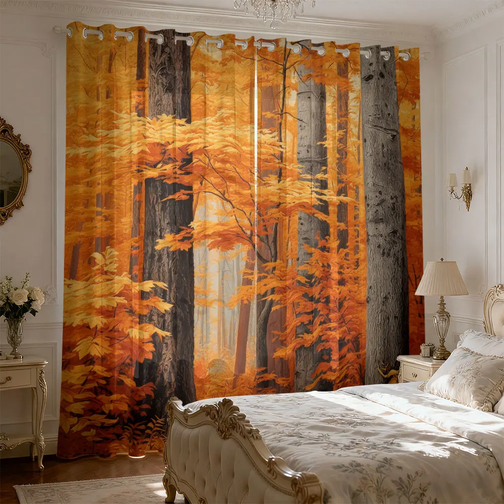 2pc autumn warm yellow maple forest curtains for bedroom window shading, a fashionable home decoration item