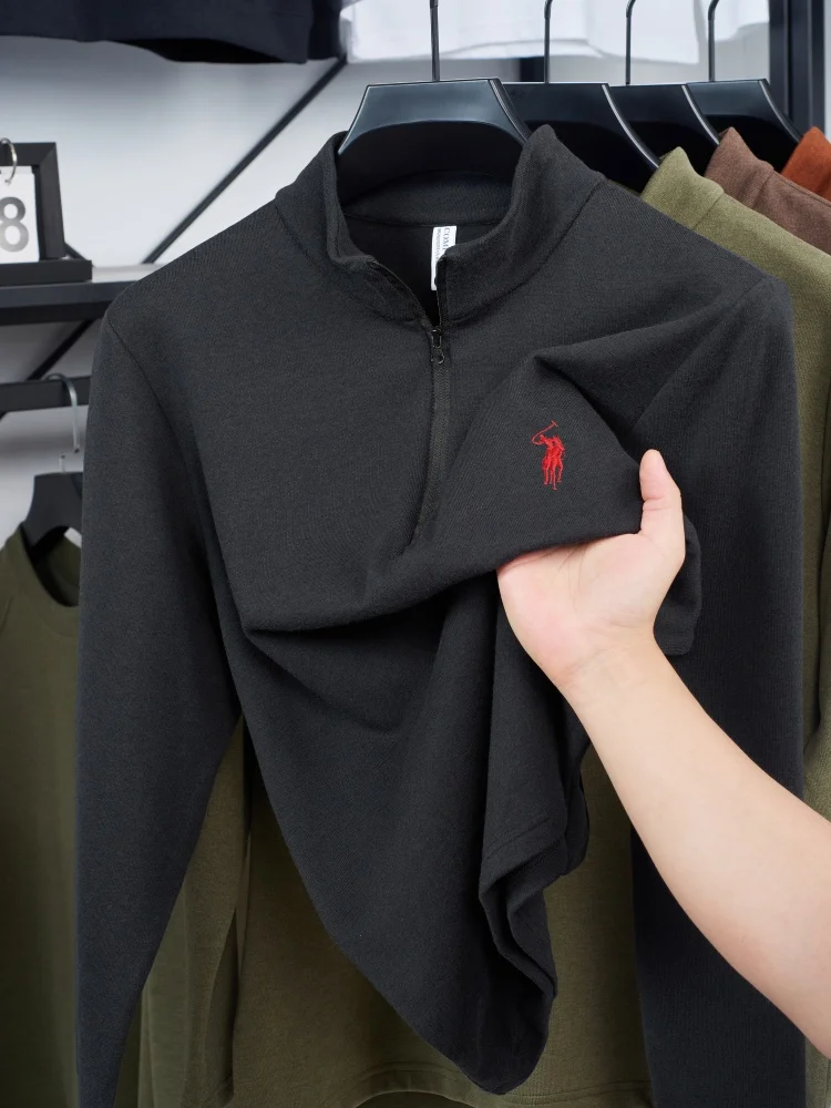 أزياء الخريف والشتاء الجديدة المخملية على الوجهين الدافئة والمريحة تي شيرت الرجال العلامة التجارية الرائعة بول التطريز كم طويل