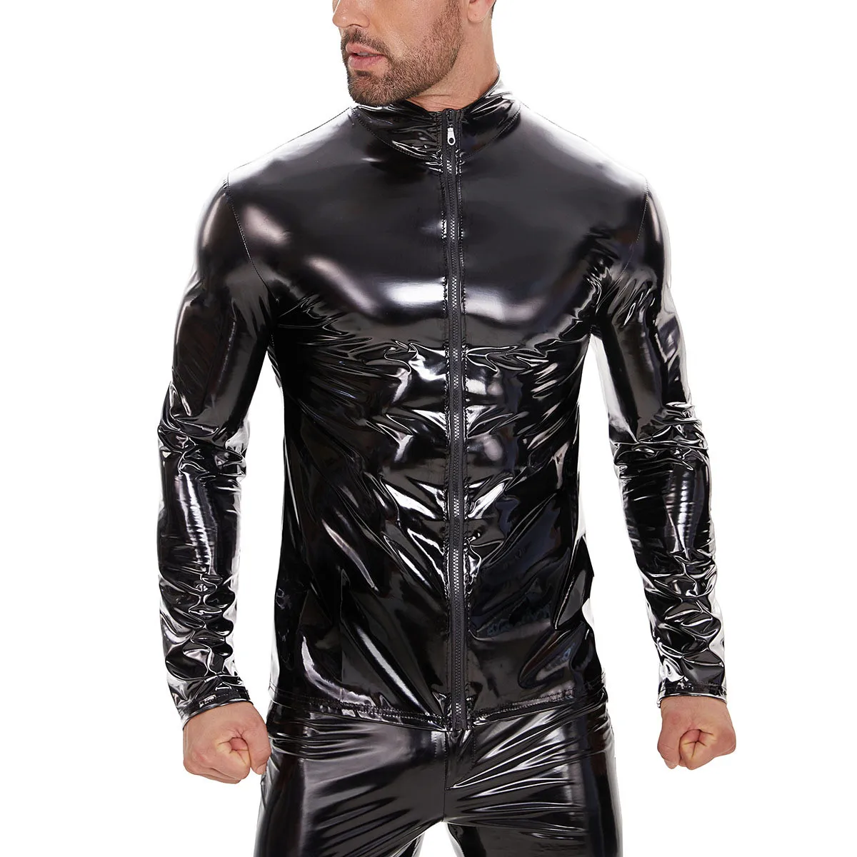 

Plus Size S-7XL Men Sexy Shiny Patent Leather Shirt Top Long Sleeve Front Zipper Stand Collar Shaping Tops Night Fetish Clubwear