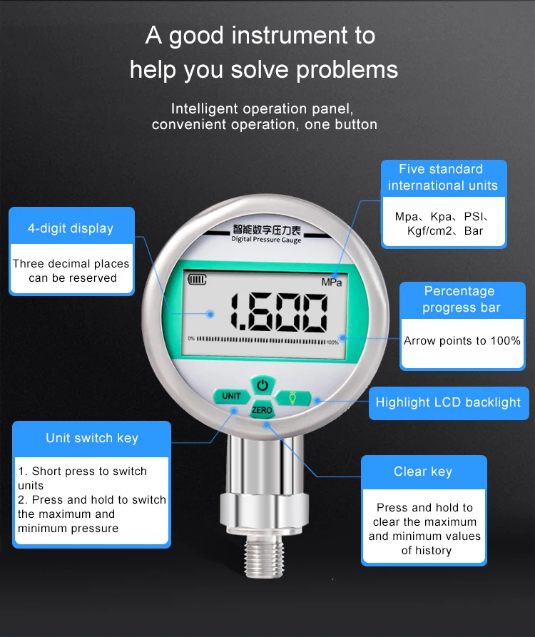 Battery Powered Stainless Steel Intelligent Digital Display Pressure Gauge High-precision Water Air Vacuum Pressure Meter