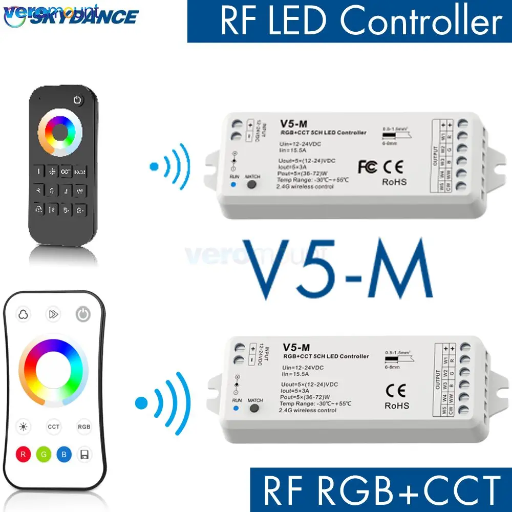 Skydance V5-M RGBCCT Светодиодный контроллер 12 В 24 В 5 каналов RGBCCT RGBW RGBWW Контроллер светодиодной ленты 2,4G RF Беспроводной комплект дистанционного управления