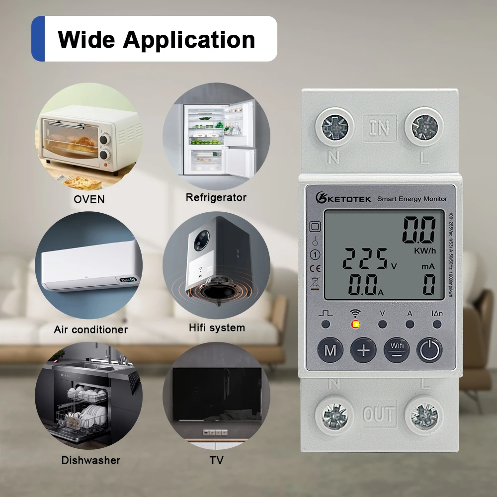 Din Rail Single Phase Energy Meter No/With WiFi Power Consumption Voltage Watt Pulse Output Energy Saving Monitor Tuya Control