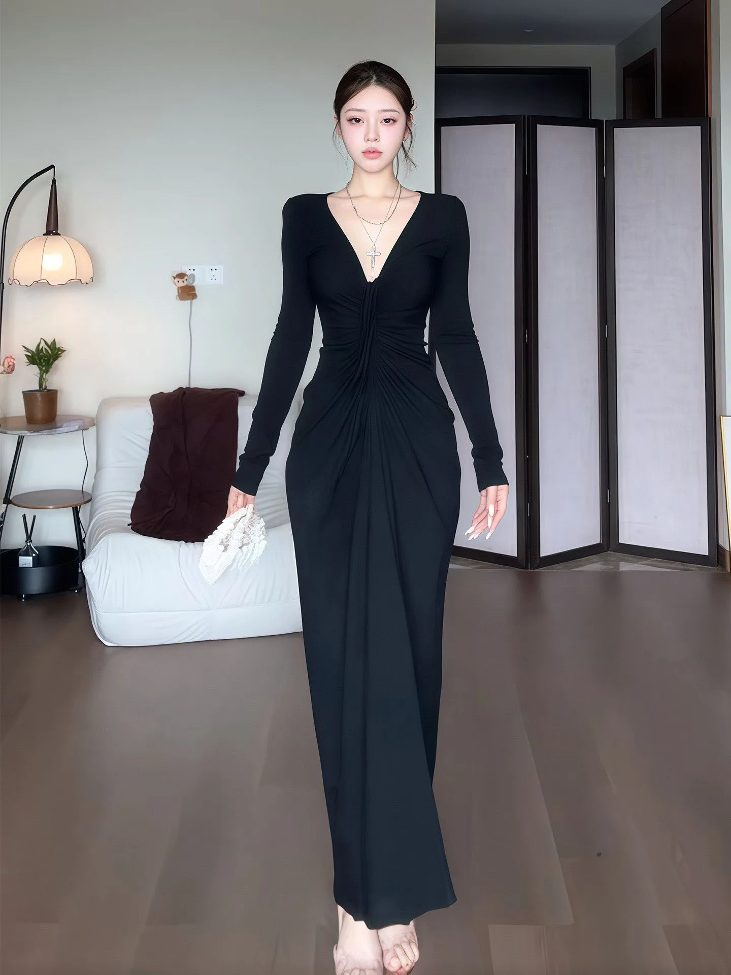 Pure Desire Long Sleeve V-Neck Dress Women's Neck Hanging High Waist Slimming Long Dress Spring New Style Drawstring Folded
