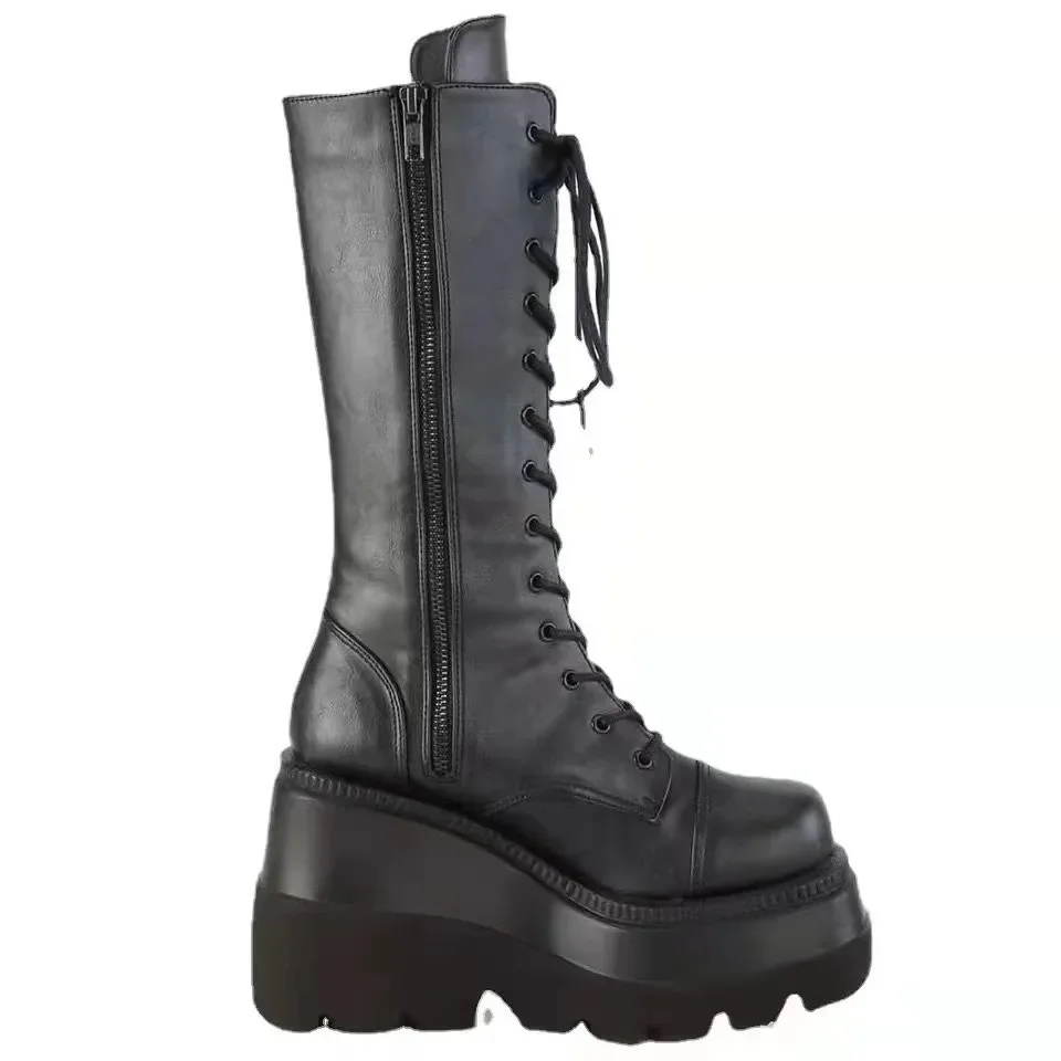 NONE Winterstiefel Damen Plateauschuhe Booties Regen Kampf Militär Kurz Leder Schwarz New Rock Punk Goth Lolita Ausverkaufsangebote 3