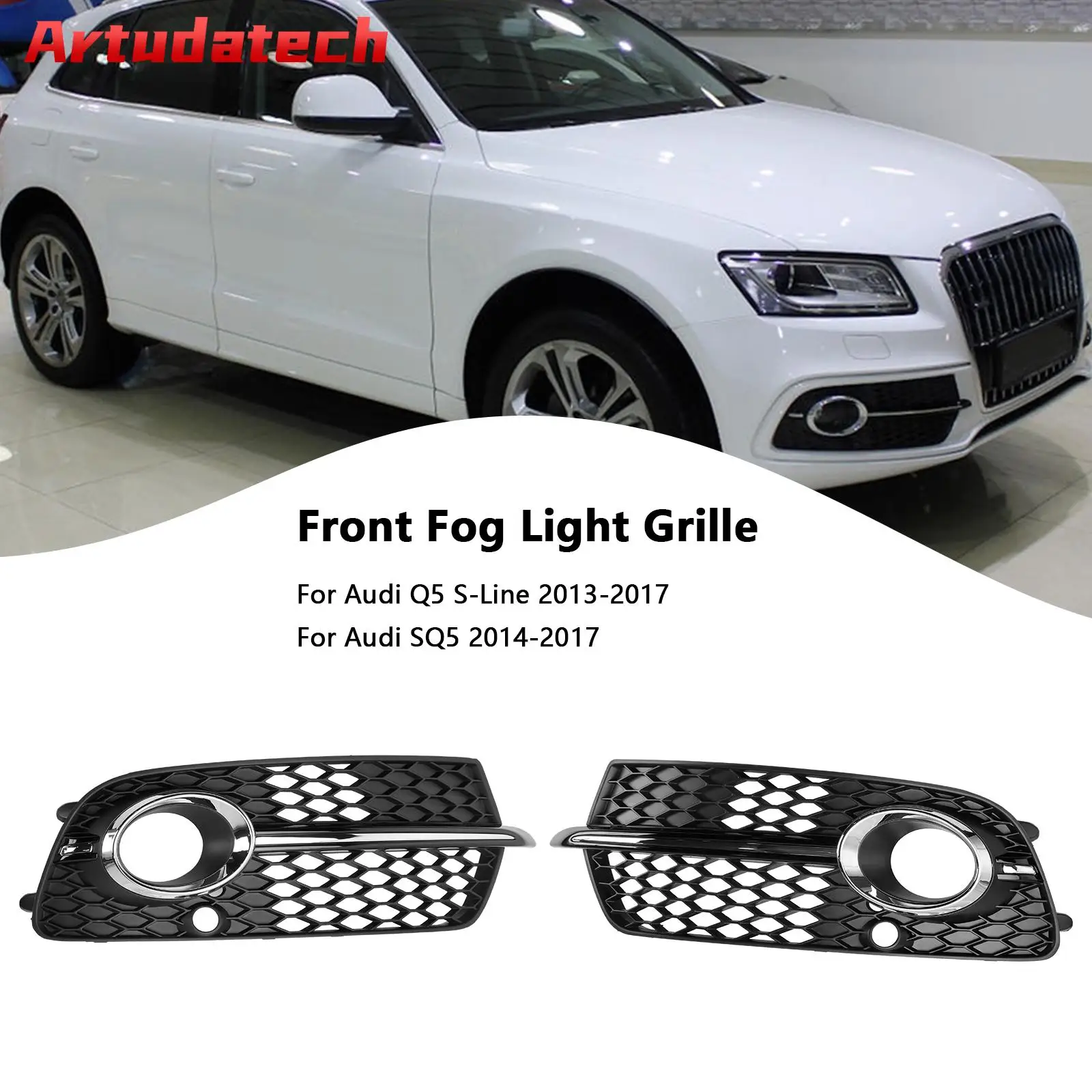 Artudatech Front Bumper Fog Light Grille Fit Audi Q5 S-Line SQ5 2013 2014 2015 2016 2017 Black Chrome